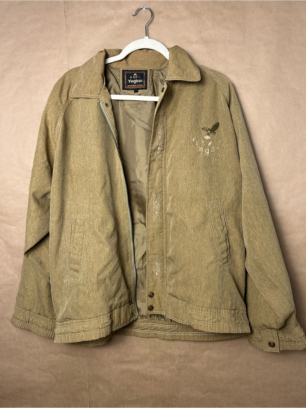 Yingbao Men’s Tan Embroidered Eagle Bomber Jacket Vintage Y2K Style
